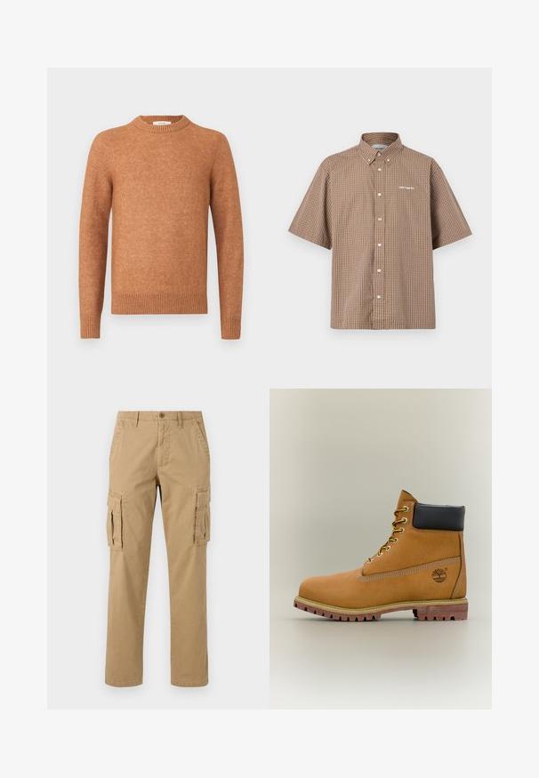 Suéter marrón de punto con cuello redondo, puños y dobladillo acanalados. Textura suave con un patrón jaspeado sutil en toda su superficie.; Camisa de manga corta marrón y crema con botones, que presenta un patrón de cuadrícula, cuello y logotipo bordado en el pecho izquierdo.; Pantalones cargo beige con dos bolsillos laterales, cierre de botón, diseño de pierna recta y una tela suave y texturizada.; Bota de tobillo de cuero marrón con cuello negro, cordones amarillos y suela beige. Presenta un logotipo y detalles de costura blanca. Suela exterior con tracción robusta.