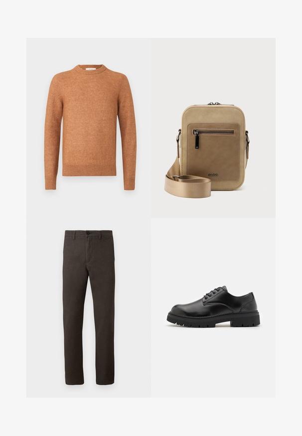 Brauner Strickpullover mit Rundhalsausschnitt, gerippten Bündchen und Saum. Sanfte Textur mit einem subtilen Melange-Muster.; Braune Hose aus einem strukturierten Stoff, mit geradem Bein, einem einzigen Knopfverschluss und minimalistischem Stil.; Schwarze Lederschuhe mit runder Zehenform, Schnürdesign und einer dicken, strukturierten Gummisohle. Sie verfügen über eine Naht entlang des Randes und haben eine glatte Oberfläche.; Kleine beige Umhängetasche mit vorderer Reißverschlusstasche, metallischem ALDO-Logo, verstellbarem breitem Riemen und abgerundeter rechteckiger Form vor weißem Hintergrund.