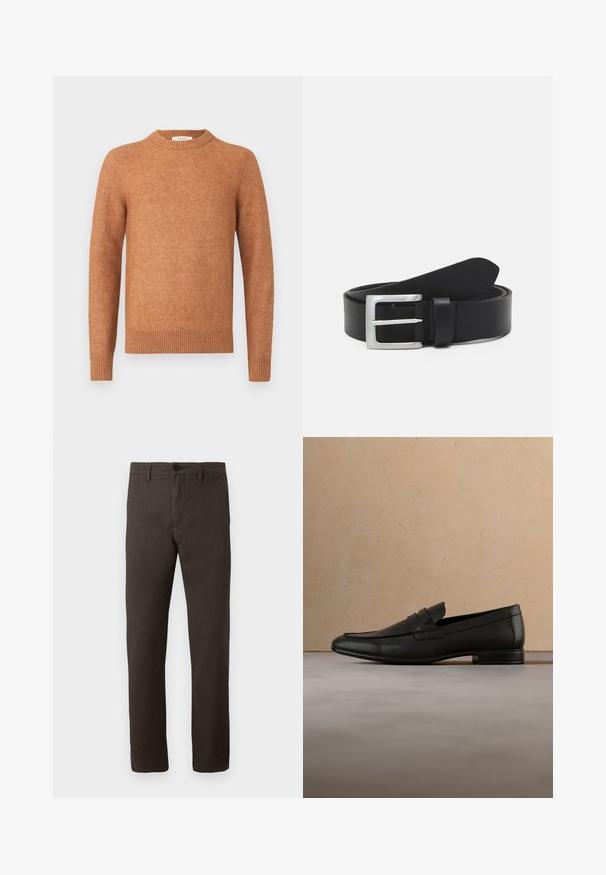 Brauner Strickpullover mit Rundhalsausschnitt, gerippten Bündchen und Saum. Sanfte Textur mit einem subtilen Melange-Muster.; Braune Hose aus einem strukturierten Stoff, mit geradem Bein, einem einzigen Knopfverschluss und minimalistischem Stil.; Schwarzer Lederloafer schwebt über einem beigen Teppich mit beigem Sofa in einem minimalistischen Innenraum.; Schwarzer Leder Gürtel mit glatter Textur, silberner rechteckiger Schnalle und einer Schlaufe für das Ende. Verfügt über eine saubere Naht entlang der Kanten.