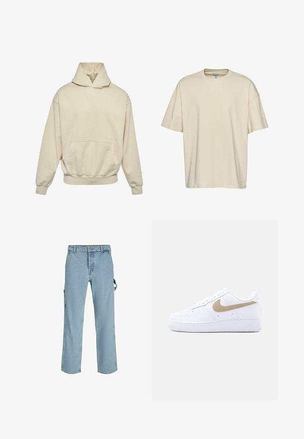 Sudadera con capucha beige con bolsillo frontal, puños y dobladillo elásticos. Presenta un pequeño logotipo blanco en el pecho. Textura de tela suave y lisa.; Camiseta de algodón beige con cuello redondo, mangas cortas y un corte holgado. Presenta un sutil bordado de logotipo blanco en el pecho.; Pantalones cargo de mezclilla azul claro con un corte relajado, que cuentan con lazos de sujeción laterales y bolsillos frontales, mostrando una textura desgastada.; Zapatilla Nike Air Force 1 baja blanca con logo Swoosh beige, puntera perforada y suela de goma blanca sobre fondo liso gris claro.