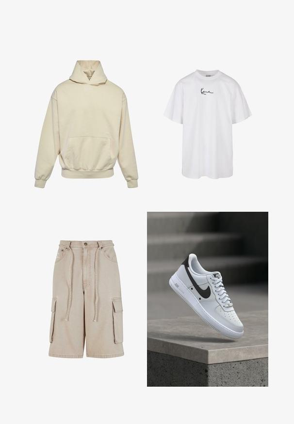 Beige Kapuzenpullover mit Fronttasche, elastischen Bündchen und Saum. Mit einem kleinen weißen Logo auf der Brust. Weicher, schlichter Stoff.; Weißes Baumwoll-T-Shirt mit rundem Halsausschnitt und kurzen Ärmeln, mit einem schwarz gestickten Logo, das in der Mitte der Brust platziert ist.; Beige Cargo-Shorts aus Baumwolle mit einem Kordelzugbund, zwei Seitentaschen und einer einzelnen Seitentasche, mit sichtbaren Nähdetails.; Weißer Nike Air Force 1 Sneaker mit schwarzem Swoosh-Logo, der über einer Betonvorsprung mit unscharfen Treppen im Hintergrund schwebt.