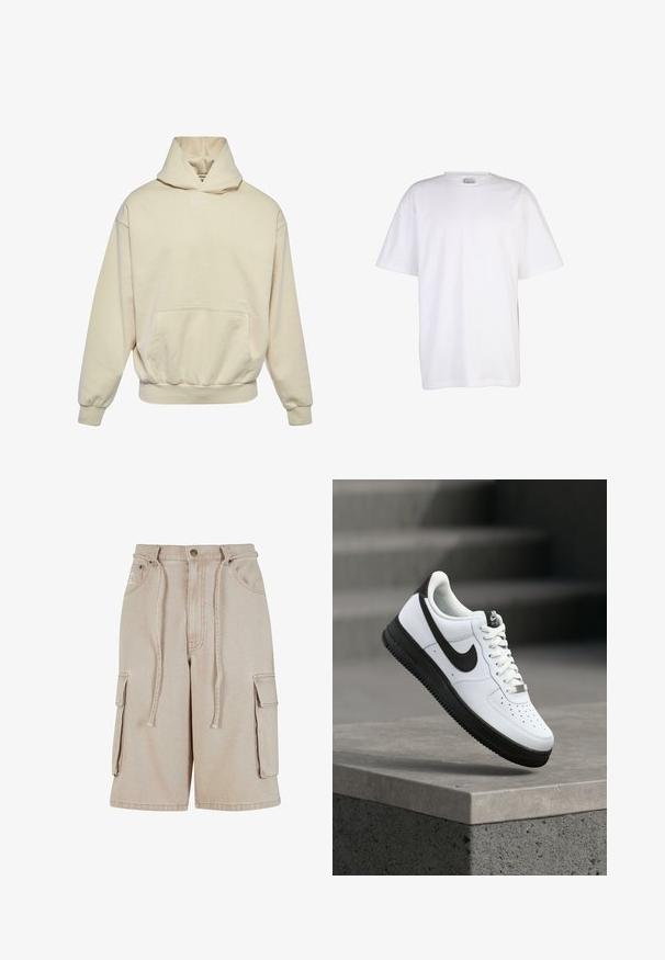 Sudadera con capucha beige con bolsillo frontal, puños y dobladillo elásticos. Presenta un pequeño logotipo blanco en el pecho. Textura de tela suave y lisa.; Camiseta blanca lisa de algodón con mangas cortas, cuello redondo y ajuste holgado, mostrada sobre un fondo blanco.; Pantalones cortos cargo beige de algodón con cintura con cordón, dos bolsillos laterales y un bolsillo lateral adicional, que presentan detalles de costura visibles.; Zapatilla deportiva de cuero blanco con detalles en negro, punta redondeada y detalles perforados. Suela de goma negra con patrón texturizado y cierre de cordones.