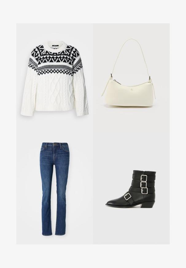 Flauschiger Strickpullover in Creme mit schwarzem Fair Isle-Muster. Mit geripptem Halsausschnitt und Zopfmuster-Textur ausgestattet. Lockere, entspannte Passform.; Blaue gerade geschnittene Jeans mit leichter Ausbleichung, vorderen Taschen, Gürtelschlaufen und einem Knopfverschluss auf einem weißen Hintergrund.; RAID COLE - Cowboy-/Bikerstiefelette - black; Kleine weiße Handtasche aus strukturiertem Leder mit einem gebogenen oberen Reißverschluss, einem einzelnen Riemen und einem minimalen Metall-Logo in der vorderen Mitte.