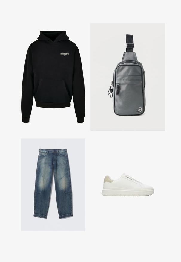 Sort bomulds-hoodie med en frontlomme, ribbede ærmer og søm, med hvid logo-tekst på den øverste venstre side. Blød tekstur.; Lyseblå denimjeans med løs pasform, med falmede pletter, frontlommer og diagonale sømdetaljer. Design med lige ben.; Hvide sneakers lavet af glat læder med en tekstureret beige hælaccent, med runde snørebånd, et lavt profil design og en gummiydersål.; Kompakt grå skuldertaske med sort justerbar rem, lynlåslomme foran og lille logoemblem i nederste højre hjørne.