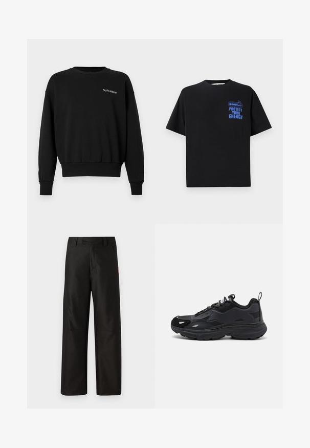 Sort sweatshirt lavet af en bomuldsblanding, med crew neckline, lange ærmer, ribbede manchetter og en lille hvid broderet tekst, "No Problemo."; Sort bomulds t-shirt med korte ærmer, der har blå tekst "BESKYT DIN ENERGI" og et grafisk design på den øverste venstre side.; Sorte bukser med bred benvidde lavet af glat stof, med flad front, bæltestropper og to sidelommer. Rød logoaccent på siden.; Sort løbesko med en tekstureret overdel, glatte syntetiske detaljer, tyk sål og reflekterende elementer. Har et snørebåndsdesign og en pull tab.