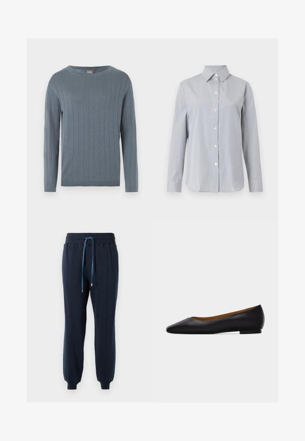Langærmet rundhalset sweater i afdæmpet blå med vertikalt ribstrikket mønster, tætsiddende manchetter og lige kant.; Langærmet lysegrå skjorte med tynde, lodrette hvide striber, knappet front, spids krave og matchende manchetter på ensfarvet baggrund.; Marineblå joggerbukser med elastisk talje, frontlommer, blå snor, sidelister og ribbede manchetter ved anklerne.; Sort læder flad sko med spids tå, lav hæl og glat finish, vist fra siden på en lysegrå baggrund.