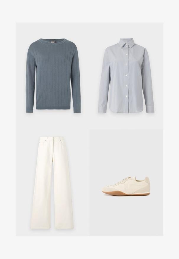 Pull à manches longues et col rond en bleu doux avec motif en côtes verticales, poignets ajustés et ourlet droit.; Chemise gris clair à manches longues avec fines rayures blanches verticales, fermeture boutonnée à l'avant, col pointu et poignets assortis sur fond uni.; Pantalons larges de couleur crème en denim avec des coutures visibles et des poches. Le design présente une taille haute et une coupe droite.; Baskets beige clair avec une tige en cuir texturé, des panneaux latéraux texturés et une semelle en caoutchouc. Dotées d'un design fin et épuré ainsi que de lacets plats.