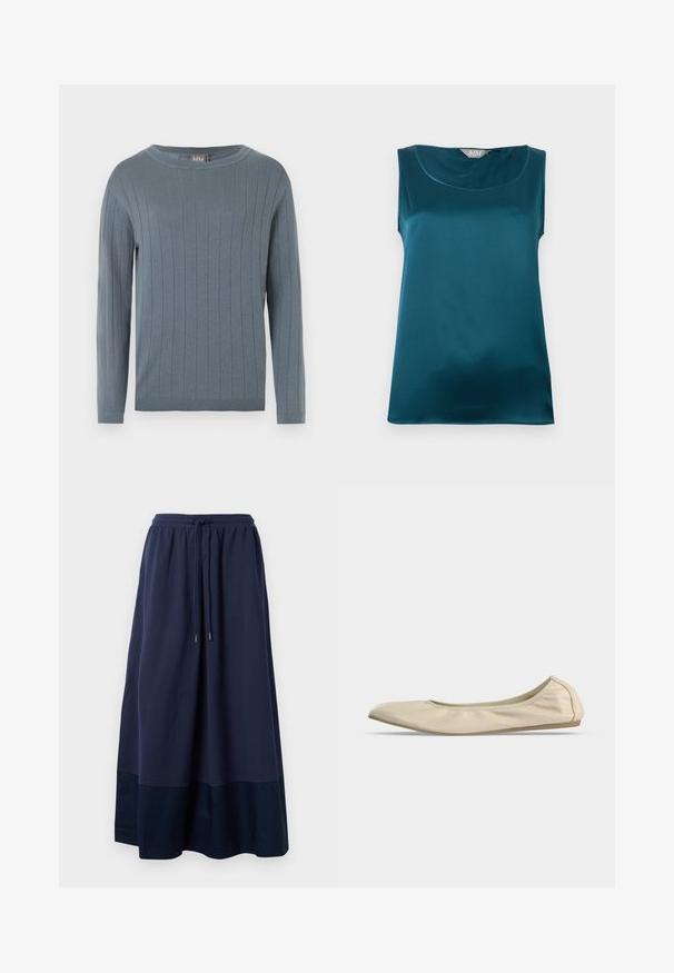 Jersey de manga larga con cuello redondo en azul apagado, con patrón de punto acanalado vertical, puños ajustados y dobladillo recto.; Blusa de satén verde azulado sin mangas con escote redondeado y textura de tela lisa y brillante, extendida sobre un fondo blanco.; Falda maxi de color azul marino hecha de una tela suave, con una cinturilla elástica y un cordón, y un panel azul más oscuro en el dobladillo.; Zapato de ballet plano beige de cuero suave con puntera redonda, perfil lateral bajo y suela de goma delgada sobre fondo blanco liso.