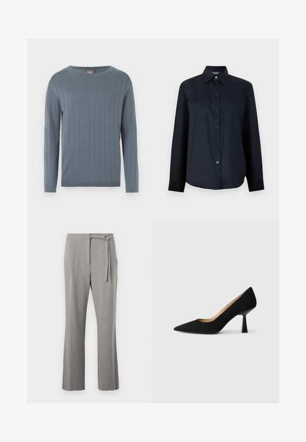 Pull à manches longues et col rond en bleu doux avec motif en côtes verticales, poignets ajustés et ourlet droit.; Chemise noire à manches longues avec boutons, col pointu et ourlet légèrement arrondi, présentée sur un fond gris clair uni.; Pantalon gris sur mesure à coupe droite, devant plat, avec une ceinture en tissu et une boucle D-argentée à la taille.; Pompe à talons hauts en suède noir avec un bout pointu, dotée d'un talon bloc noir brillant et d'une doublure intérieure lisse.