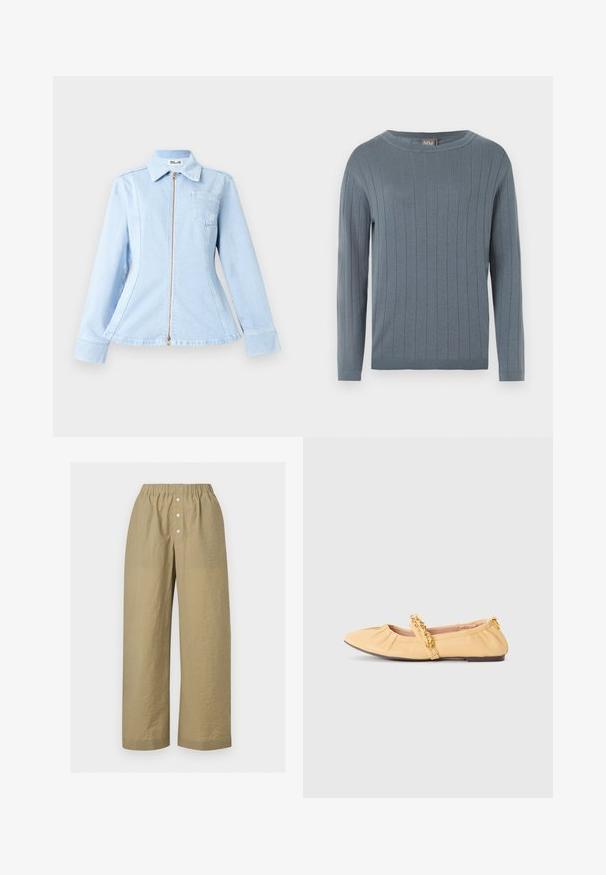 Pull à manches longues et col rond en bleu doux avec motif en côtes verticales, poignets ajustés et ourlet droit.; Veste en denim bleu clair avec fermeture éclair, col pointu et une poche poitrine. Présente une coupe ajustée et des manches longues.; Pantalon beige à jambes larges avec une ceinture élastique et trois boutons blancs sur la patte de boutonnage devant, en tissu léger texturé.; Ballerines en cuir jaune avec un bout pointu, design froncé avec un accent en chaîne dorée, et une semelle violette. Texture lisse.