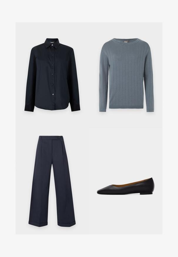 Pull à manches longues et col rond en bleu doux avec motif en côtes verticales, poignets ajustés et ourlet droit.; Chemise noire à manches longues avec boutons, col pointu et ourlet légèrement arrondi, présentée sur un fond gris clair uni.; Pantalon large bleu marine avec ourlets retournés, taille haute, boutons latéraux et plis à l'avant.; Chaussure plate en cuir noir à bout pointu avec talon bas et finition lisse, vue de côté sur un fond gris clair.