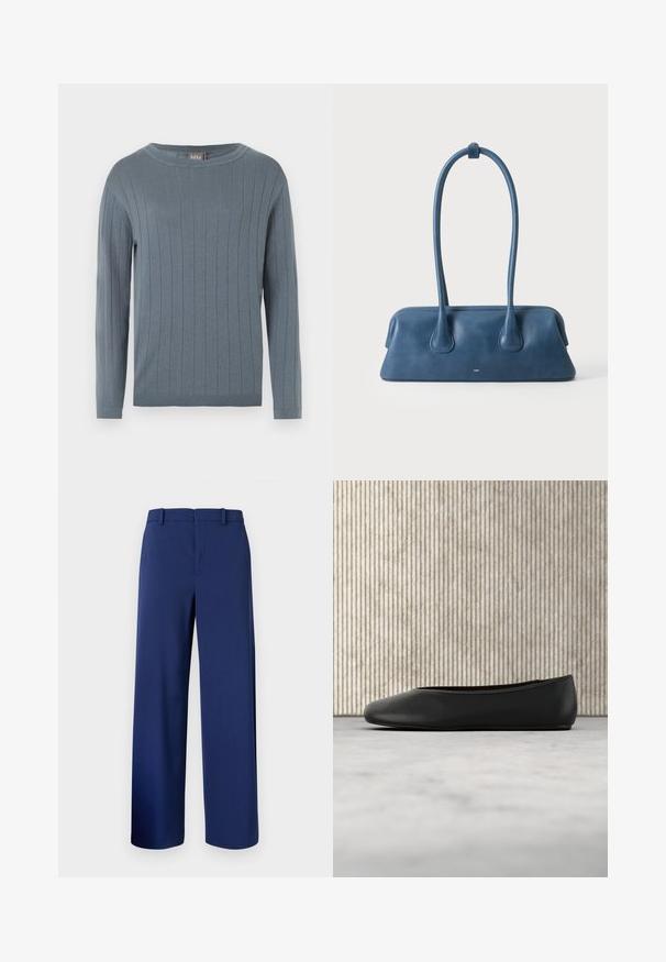 Jersey de manga larga con cuello redondo en azul apagado, con patrón de punto acanalado vertical, puños ajustados y dobladillo recto.; Pantalones ajustados de color azul marino, confeccionados en una tela suave, con un diseño de pierna recta, trabillas para cinturón y un cierre frontal con cremallera y gancho.; Bailarinas de cuero negro con punta redondeada, textura suave y un acento de logo dorado en el costado. Posicionadas sobre una superficie reflectante.; Bolso de cuero azul con asas largas y base rectangular, sobre un fondo blanco liso.