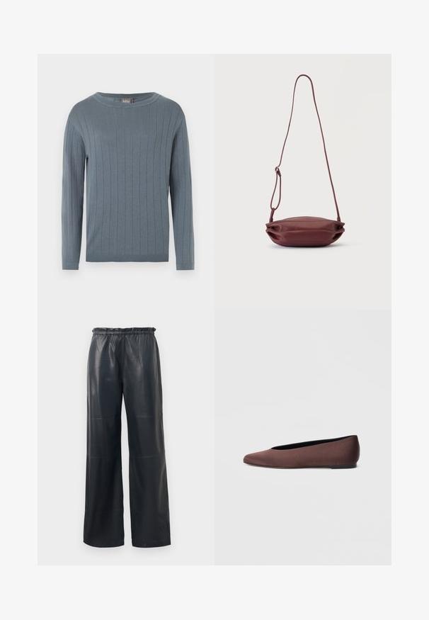 Jersey de manga larga con cuello redondo en azul apagado, con patrón de punto acanalado vertical, puños ajustados y dobladillo recto.; Pantalones de cintura ancha de imitación cuero negro con una banda elástica, que presentan una textura suave y costuras limpias.; Zapatillas de ballet de tela marrón con punta puntiaguda y textura suave, con parte trasera baja y suela negra fina. Sin patrones visibles ni elementos metálicos.; Pequeño bolso bandolera de cuero granate con correa delgada ajustable, mostrado plano sobre un fondo blanco.
