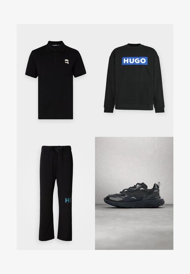 Sweat-shirt noir à manches longues avec poignets et ourlet côtelés, avec un logo rectangulaire bleu et le texte blanc « HUGO » centré sur la poitrine.; Polo shirt noir en coton avec un col, trois boutons et un petit logo blanc sur la poitrine gauche. Manches courtes et coupe droite.; Pantalon de survêtement noir à taille avec cordon, présentant une coupe à jambes larges et un texte "HUGO" en bleu sarcelle sur la jambe gauche. Texture du tissu douce.; Chaussure de course noire avec une tige texturée, des accents lisses et une semelle épaisse à motif ondulé, conçue pour le confort et la durabilité.