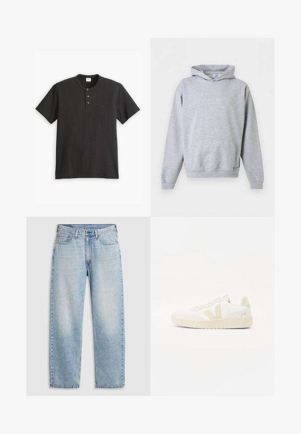 Lysegrå hættetrøje med frontlomme og hvid kursiv logo tekst "Carlo Colucci" på brystet.; Sort kortærmet polo shirt i bomuld, med en knaplukning bestående af tre knapper og et lille logo på venstre bryst.; Lyseblå lige jeans med fem lommer, metalknaplukning og falmede detaljer ved lårene og knæene, lagt fladt på hvid baggrund.; Hvide sneakers med beige accenter, der har en tekstureret overdel, rund tå og en tykk gummisål. Designet inkluderer det ikoniske V-logo og branding.