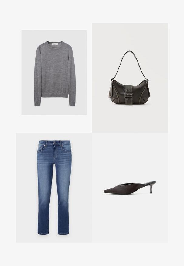 Pull en maille gris à manches longues avec col rond, poignets côtelés, ourlet et détails des coutures aux épaules sur un fond clair uni.; Jean en denim de couleur bleu moyen, style droit. Comprend cinq poches, des passants de ceinture et une fermeture à glissière bouton. Texture lisse et couture régulière.; Mule noire à bout pointu, talon stiletto bas et finition lisse et élégante, vue de profil sur fond blanc.; Sac à épaule en cuir noir avec une sangle à boucle, des bords arrondis et des coutures blanches contrastées sur un fond uni.