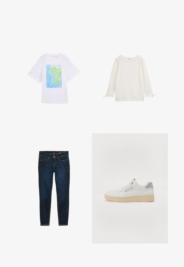Weißes Oberteil mit langen Ärmeln, strukturiertem Oberflächenmaterial, rundem Ausschnitt und Bindebändern an den Ärmeln. Schlichtes Design mit lockerer Passform.; Weißes Baumwoll-T-Shirt mit einem rechteckigen Grafikdruck in blauen und grünen abstrakten Mustern auf der Vorderseite. Kurze Ärmel und Rundhalsausschnitt.; Dunkelblaue Denim-Jeans mit schmaler Passform, orangefarbener Naht, fünf Taschen und einem Knopfverschluss an der Taille.; Männliche weiße Sneakers mit glatter Textur, grauen Akzenten, runder Zehenpartie und einer beigen Gummisohle. Verfügt über ein seitliches Etikett und durchbrochene Details.