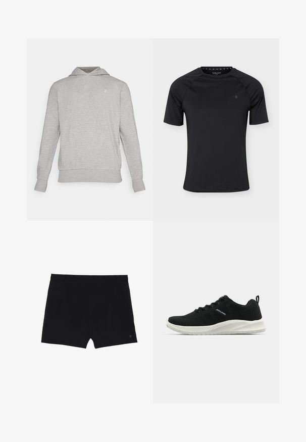 Hellgrauer Kapuzenpullover mit langen Ärmeln, kleinem weißem Logo auf der linken Brust und gerippten Bündchen und Bund, dargestellt auf schlichtem Hintergrund.; Schwarzes kurzärmeliges Sport-T-Shirt mit Rundhalsausschnitt und kleinem Logo auf der linken Brust, dargestellt auf einfachem hellem Hintergrund.; Schwarze Sportshorts mit glatter Textur, elastischem Bund und zwei Seitentaschen. Mit einem kleinen Logo auf der unteren rechten Seite.; Schwarze Sportschuhe mit einem strukturierten Mesh-Obermaterial, kontrastierender weißer Sohle und geschwungenem Design. Verfügt über ein Schnürsystem und Logo-Details.