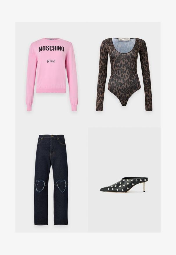 Pull en tricot à manches longues de couleur rose pâle avec "MOSCHINO" en grandes lettres noires et "Milano" en lettres noires plus petites sur le devant.; Bodysuit à manches longues avec un imprimé abstrait de serpent et d'animaux marron et noir, décolleté à larme et étiquette Fiorucci Milano à l'intérieur du col.; Jean en denim bleu foncé avec jambes droites et patchs en forme de cœur usés sur les deux genoux.; STAND STUDIO KELSEY - Mules à talons - black
