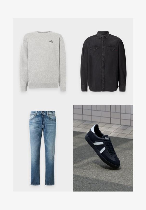 Grauer Sweatshirt aus Baumwollmischung, mit Rundhalsausschnitt und gerippten Bündchen. Ein kleines schwarzes Diamantlogo ist auf der Brust gestickt.; Langärmliges schwarzes Jeanshemd mit klassischem Kragen, Druckknopfverschlüssen, zwei Brusttaschen und einem dezenten roten Logodetail.; Blaue gerade geschnittene Jeans mit ausgewaschenen Details, vorderem Knopf und Taschen, vor einem schlichten weißen Hintergrund präsentiert.; Schwarze Leder-Sneaker mit weißen Streifen, strukturiertem Gummisohle und Schnürung. Verfügt über ein Markenetikett auf der Zunge.