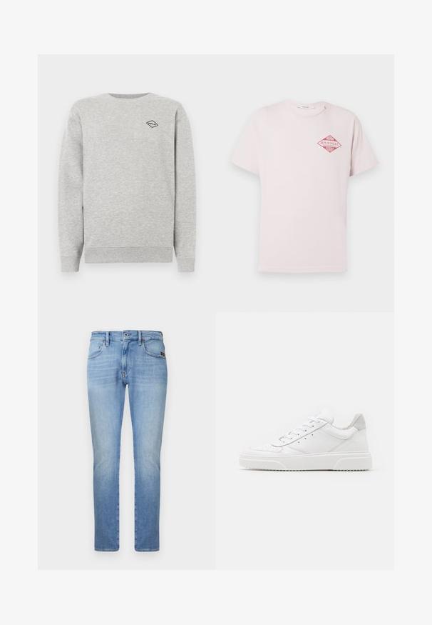 Hallaiset puuvillasegust sweatshirt, millel on ümar kaelus ja soonikuga varrukad. Rinna peal on tikitud väike must teemantlogoga.; Hele roosa lühikeste varrukatega T-särk, mille vasakul ülakõhul on punase teemantkujuline graafika tekstiga "Miami Replay Palace Florida".; Heledad sinised teksad sirge jala kujundusega, viie tasku, metallnupu ja õrnade kulumisdetailidega reitel.; Valged nahast spordijalatsid siledast nahast viimistlusega, ümarate varvastega, lamekestega ja tekstuuriga tallaga. Hall suede aktsent kanna juures.