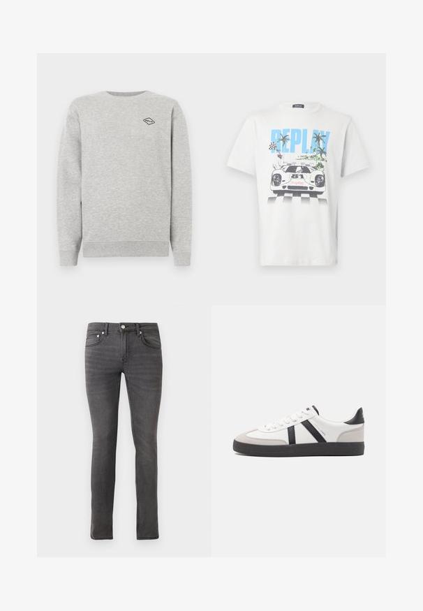 Grå sweatshirt lavet af en blanding af bomuld, med rund halsudskæring og ribbede manchetter. Et lille sort diamantlogo er broderet på brystet.; Hvid bomulds-T-shirt med et farverigt motiv af en racerbils, palmer og ternede flag, med "REPLAY" tydeligt vist.; Grå denimjeans med slim fit, der har et klassisk fem-lomme design, front lukning med knap og svag tekstureret detaljering over hele stoffet.; Hvide sneakers med sorte og grå detaljer, med en tekstureret grå tåhætte, sort gummisål og flade hvide snørebånd. Rent design, minimalistisk stil.