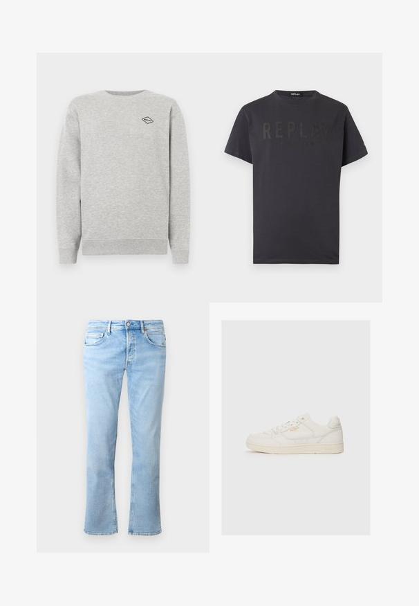 Grå sweatshirt lavet af en blanding af bomuld, med rund halsudskæring og ribbede manchetter. Et lille sort diamantlogo er broderet på brystet.; Mørkegrå T-shirt med korte ærmer og teksten "REPLAY EIGHTYONE" trykt i hævede sorte bogstaver foran.; Lyseblå denimjeans har en lige ben-design, fem lomme-styling og en knaplukning. Stoffet har en glat tekstur med falmede accenter.; Hvide lædersneakers med en glat overflade, der har perforerede detaljer, snørebånd fortil og et diskret logo i guld nær siden.