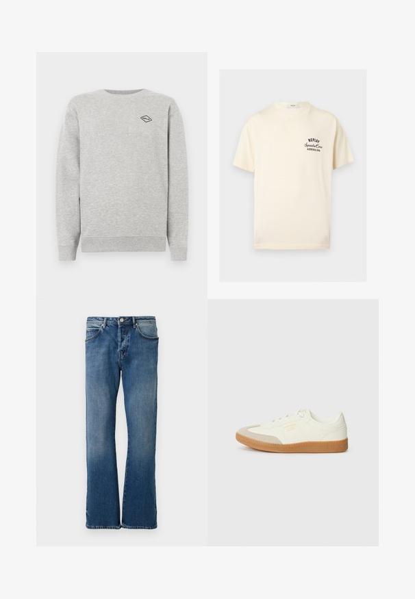 Sweatshirt gris en mélange de coton, avec un col rond et des poignets côtelés. Un petit logo en forme de diamant noir est brodé sur la poitrine.; T-shirt crème à manches courtes avec texte noir « REPLAY Squadra Corse ADRENALINA » sur la poitrine gauche et col rond.; Jean en denim bleu clair avec une coupe droite, comportant cinq poches, une fermeture à boutons, et un léger effet délavé sur le tissu.; Baskets en cuir blanc avec une coque beige et une semelle en caoutchouc marron clair. Dotées de lacets blancs plats et d'un logo embossé sur le côté.