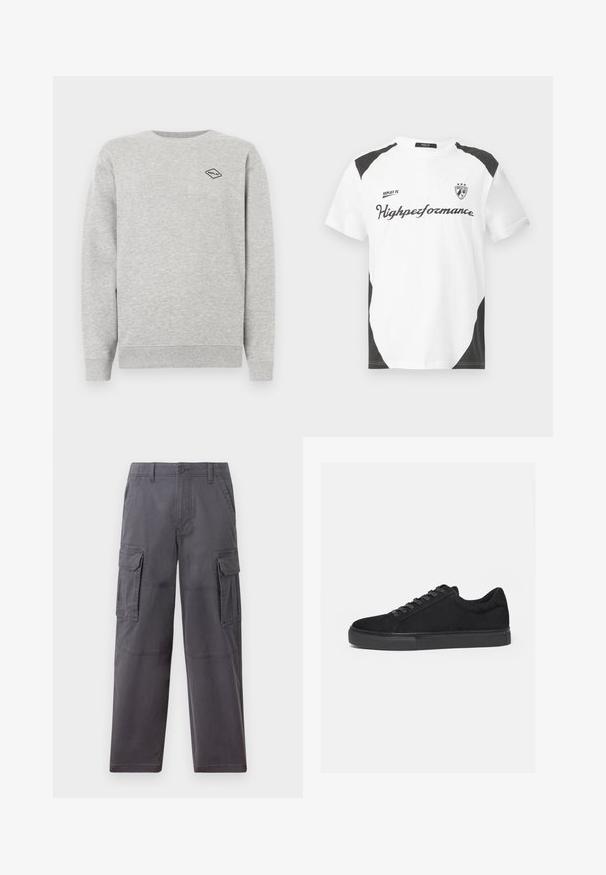 Grauer Sweatshirt aus Baumwollmischung, mit Rundhalsausschnitt und gerippten Bündchen. Ein kleines schwarzes Diamantlogo ist auf der Brust gestickt.; Weißes Kurzarm-T-Shirt mit schwarzen Akzenten. Verfügt über das Logo "REPLAY FC" und den Text "Highperformance" in einer sportlichen Schriftart. Hergestellt aus einem glatten Material.; Hollister Co. SKATER BAGGY - Cargohose - grey; Schwarzer Low-Top-Sneaker mit Schnürung vorne und flacher Gummisohle, seitlich auf weißem Hintergrund dargestellt.