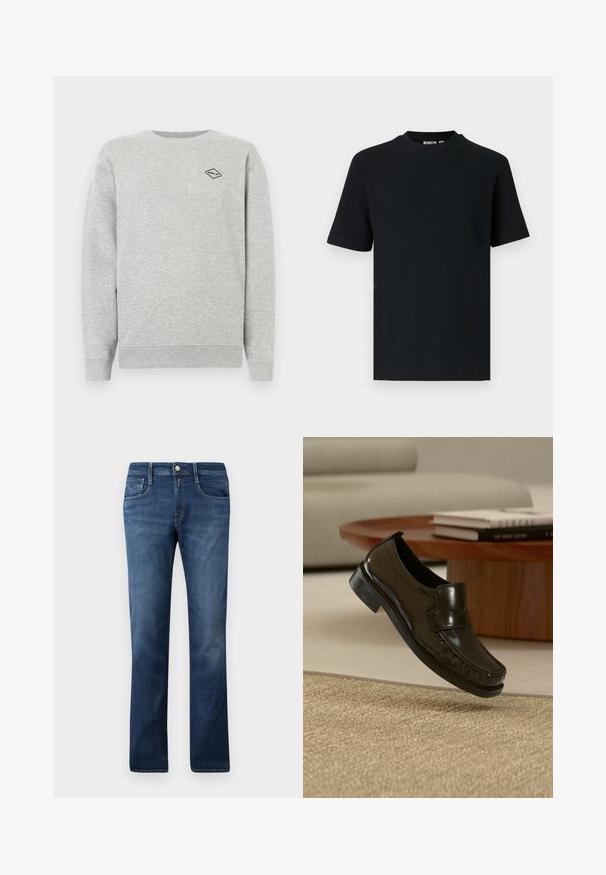 Grauer Sweatshirt aus Baumwollmischung, mit Rundhalsausschnitt und gerippten Bündchen. Ein kleines schwarzes Diamantlogo ist auf der Brust gestickt.; Schwarzes, kurzärmeliges, geripptes Strick-T-Shirt mit Rundhalsausschnitt und einem kleinen, sichtbaren Etikett im Krageninnenteil.; Blaue Denim-Jeans mit geradem Schnitt, ausgestattet mit Fronttaschen, einem Reißverschluss und einem Knopfverschluss. Mittlere Waschung mit subtilen Ausbleichungen.; Schwarzer Leder-Slipper, der über einem beigen gewebten Teppich mit einem hölzernen Couchtisch und Büchern im Hintergrund schwebt.