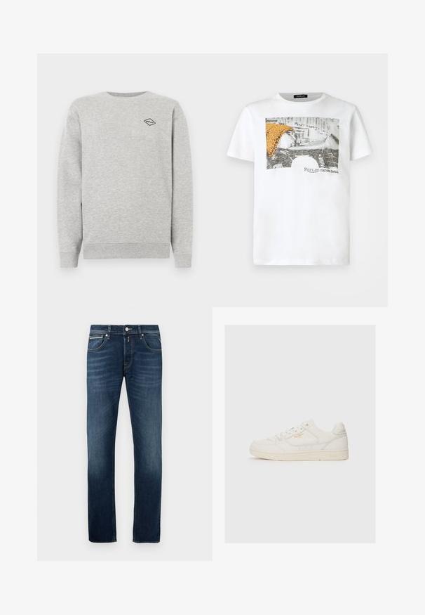 Grå sweatshirt lavet af en blanding af bomuld, med rund halsudskæring og ribbede manchetter. Et lille sort diamantlogo er broderet på brystet.; Hvid T-shirt med korte ærmer med sort-hvidt motorcykelmotiv, orange leopardmønstret stof og teksten "Replay Custom Garage" på forsiden.; Mørkeblå straight-leg jeans med let falming på lårerne, fem lommer og en metalknaplukning i taljen.; Hvide lædersneakers med en glat overflade, der har perforerede detaljer, snørebånd fortil og et diskret logo i guld nær siden.