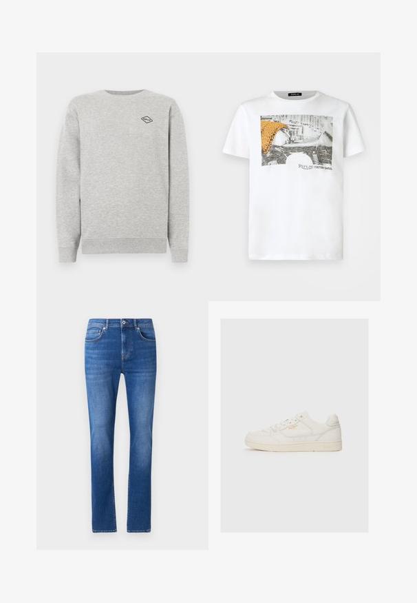 Grå sweatshirt lavet af en blanding af bomuld, med rund halsudskæring og ribbede manchetter. Et lille sort diamantlogo er broderet på brystet.; Hvid T-shirt med korte ærmer med sort-hvidt motorcykelmotiv, orange leopardmønstret stof og teksten "Replay Custom Garage" på forsiden.; Blå denim jeans med lige pasform, der har fem lommer, en knaplukning og let falmede detaljer over hele stoffet.; Hvide lædersneakers med en glat overflade, der har perforerede detaljer, snørebånd fortil og et diskret logo i guld nær siden.