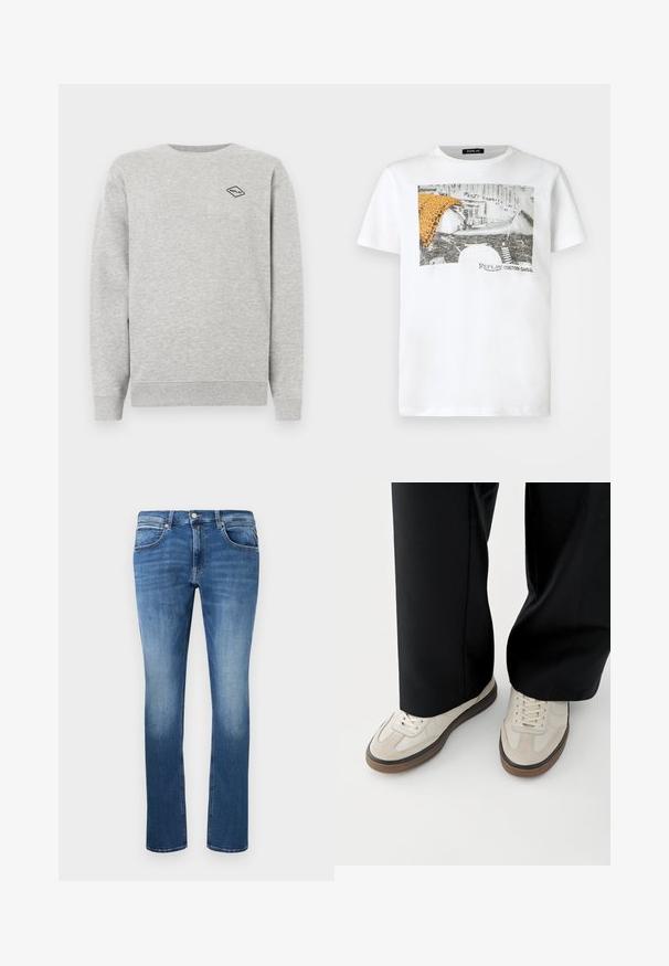 Grå sweatshirt lavet af en blanding af bomuld, med rund halsudskæring og ribbede manchetter. Et lille sort diamantlogo er broderet på brystet.; Hvid T-shirt med korte ærmer med sort-hvidt motorcykelmotiv, orange leopardmønstret stof og teksten "Replay Custom Garage" på forsiden.; Blå denim jeans med lige snit, der har let falmning, fem lommer og en knap-og lynlås lukning. Syede detaljer langs sømmene.; Fødder iført beige sneakers med brune såler og sorte bukser med vide ben på hvid baggrund.