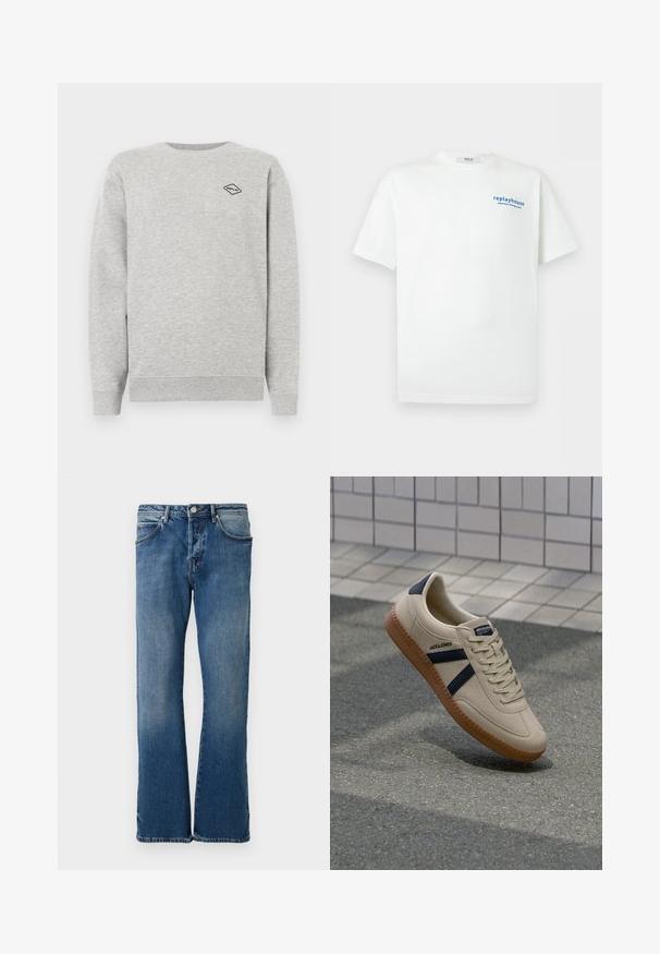 Grå sweatshirt lavet af en blanding af bomuld, med rund halsudskæring og ribbede manchetter. Et lille sort diamantlogo er broderet på brystet.; Hvid T-shirt med korte ærmer med lille blå tekst "replayhouse japanese dining room" på den øverste venstre bryst.; Lyseblå denimjeans med lige ben-design, der har fem lommer, en knap-lukning og diskret falmning på stoffet.; Beige sneaker med struktureret overflade, marineblå striber og gummisål. Har en polstret tunge og traditionelt snørresystem for en sikker pasform.