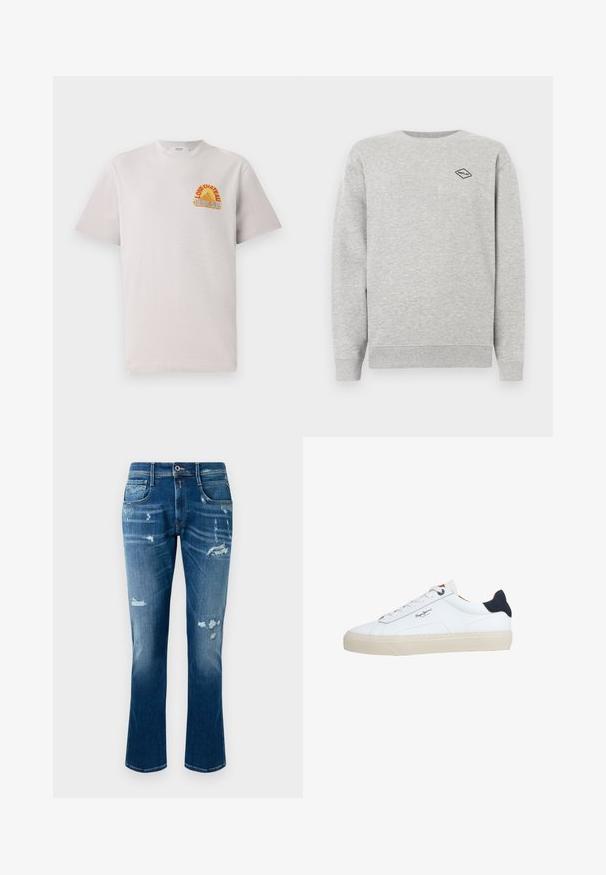 Grijze sweatshirt gemaakt van een katoenmix, met een ronde hals en geribbelde manchetten. Een klein zwart diamantlogo is geborduurd op de borst.; Lichtgrijs katoen T-shirt met ronde hals, voorzien van een kleurrijke "Lone Château Replay" grafiek in oranje en blauw op de borst.; Blauwe spijkerbroek met een rechte pijp, beschadigde details, rafelige patches en een klassieke vijf-pocketstyling.; Witte lage sneaker met een beige zool, witte veters, zwarte hielstrook en het logo "Pepe Jeans London" aan de zijkant.