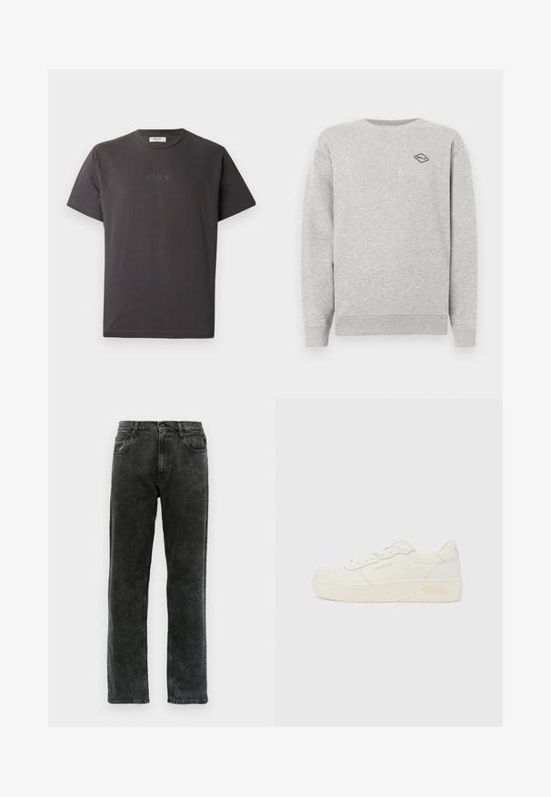 Grå sweatshirt lavet af en blanding af bomuld, med rund halsudskæring og ribbede manchetter. Et lille sort diamantlogo er broderet på brystet.; Mørkegrå kortærmet bomulds-t-shirt med et diskret reliefprint af "REPLAY" logoet foran. Rund halsudskæring og afslappet pasform.; Sorte denimjeans med lige ben, der har fem lommer, knaplukning og diskret udvaskning langs stoffet.; Lavtop hvid sneaker med snørelukning foran, tyk sål og diskret "REPLAY" branding på siden og hælen, vist i profil.