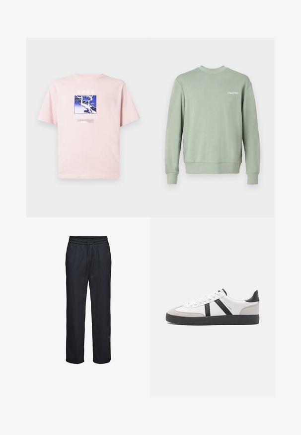 Lichtgroen sweatshirt gemaakt van zachte stof, met een ronde hals, lange mouwen, geribde manchetten en "Club1990" bedrukt op de borst.; Lichtroze t-shirt met blauwe en witte grafiek van een besneeuwde boom en kraanvogels, met de tekst "HOKUSAI" en details van de kunstenaar eronder.; Zwarte losse broek met elastische tailleband en aantrekkoord, rechte pijpen, gemaakt van lichtgewicht stof.; Witte sneaker met zwarte en grijze accenten, voorzien van een grijze neus met textuur, zwarte rubberen zool en platte witte veters. Schoon ontwerp, minimalistische stijl.