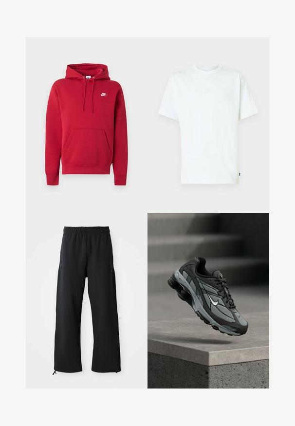 Roter Nike-Hoodie mit vorderer Kängurutasche, verstellbarer Kapuze mit Kordelzug und weißem Nike-Logo auf der linken Brust.; Weißes Baumwoll-T-Shirt mit Rundhalsausschnitt, kurzen Ärmeln und kleinem, reliefgeprägtem Nike-Logo auf der Brust. Weiche Textur und lockere Passform.; Schwarze weit geschnittene Hose aus weichem Stoff, mit elastischem Bund und Kordelzug, seitlichen Taschen und glatter Textur.; Grauer und schwarzer Sportschuh mit Netzpaneelen und dicker Sohle, schwebend in der Luft über einer Betonmauer mit Treppen im Hintergrund.