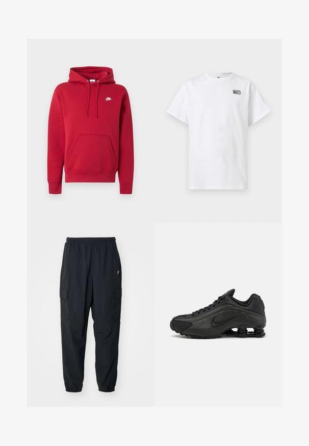 Rdeč Nike pulover s kapuco z žepom kenguru spredaj, nastavljivo kapuco na vrvico in belim Nike logotipom na levem prsnem delu.; Bela majica s kratkimi rokavi in okroglim izrezom, z majhnim črnim logotipom Nike swoosh znotraj pravokotnika na levem delu prsnega koša.; Črne cargo hlače, izdelane iz lahkega materiala, z elastičnim pasom, stranskimi žepi in sproščenim krojem z elastičnimi manšetami.; Črne tekalne čevlje z gladkim sintetičnim zgornjim delom, perforiranimi poudarki, teksturiranimi stranskimi paneli in edinstvenim elastičnim podplatom.