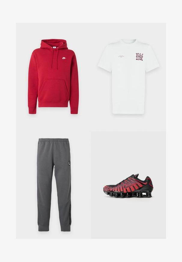 Rode Nike hoodie met voorzak (kangaroo pocket), verstelbare trekkoorden en wit Nike-logo op de linkerborst.; Wit katoenen T-shirt met rode "NIKE"-opdruk en tekst op de linkerborst. Korte mouwen en een ronde hals, gladde textuur.; Grijze sweatpants van zacht materiaal met een elastische tailleband, taps toelopende benen, zijpanelen en een ronde logo patch.; Zwarte en rode sport schoenen hebben een bovenwerk van mesh met verticale strepen en een gewatteerde kraag, ondersteund door een kenmerkende, segmentale zool.