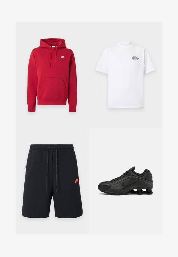 Sweat à capuche rouge Nike avec poche kangourou à l'avant, capuche réglable avec cordon et logo Nike blanc sur le côté gauche de la poitrine.; T-shirt blanc à manches courtes avec petit logo Dickies noir et blanc sur la poitrine gauche, col rond, design uni.; Shorts noirs Nike avec ceinture élastique, cordon de serrage, poches latérales et petit logo Nike orange sur la cuisse gauche.; Baskets de course noires avec une tige en synthétique lisse, des accents perforés, des panneaux latéraux texturés et une semelle distincte et rebondissante.