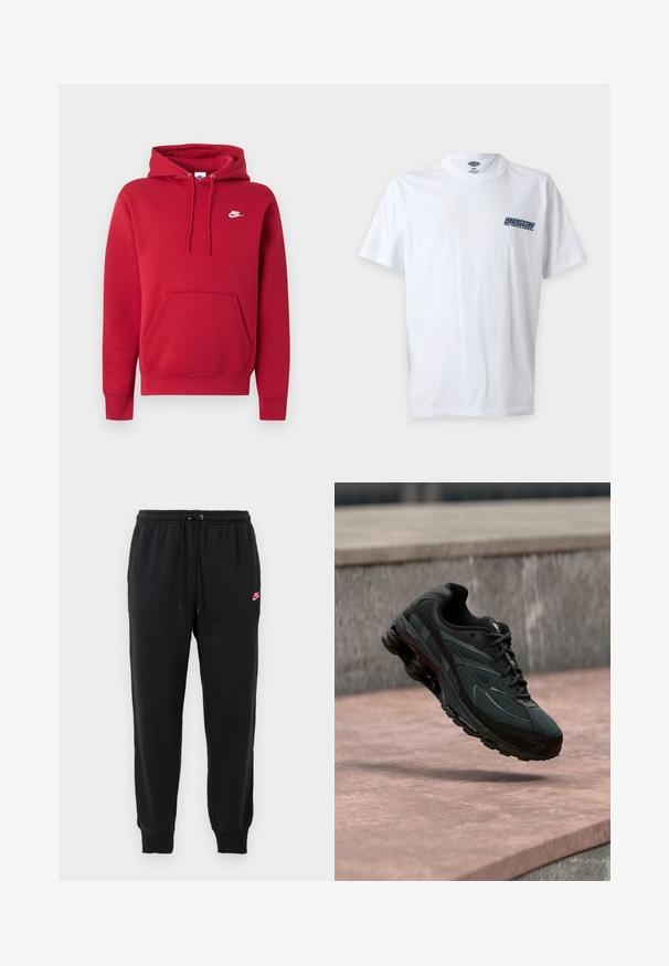 Rød Nike hættetrøje med forlommekanguru, justerbar snøre hætte og hvid Nike-logo på venstre bryst.; Hvid T-shirt med korte ærmer og rund hals med lille blåt "Dickies Full Throttle Workwear" logo på venstre bryst.; Sorte svedbukser lavet af blødt stof med elastisk talje, justerbar snøre og et lille pink Nike-logo på venstre side.; Sort atletisk sneaker med synligt luftdæmpende mellemsål, der svæver over en pink stenoverflade med en grå stenvæg i baggrunden.