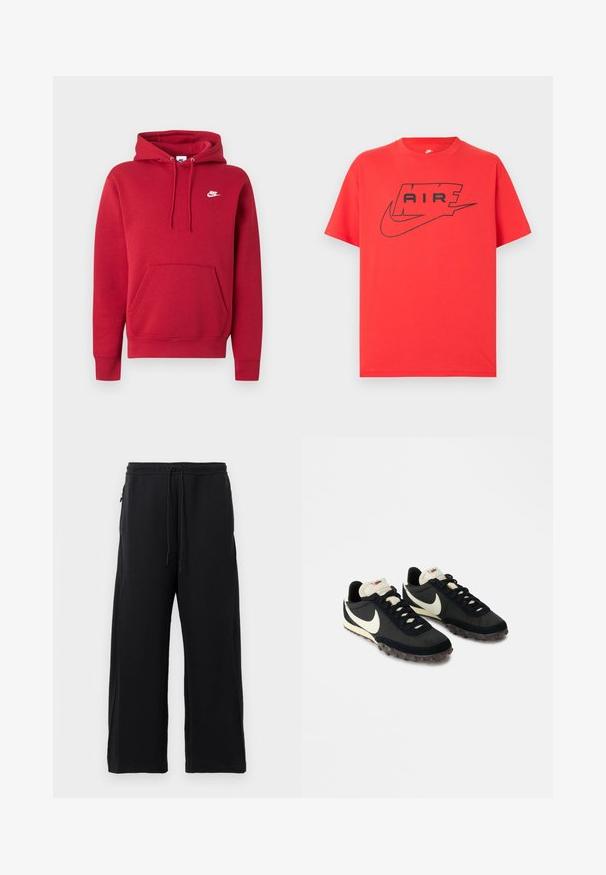 Rød Nike hættetrøje med forlommekanguru, justerbar snøre hætte og hvid Nike-logo på venstre bryst.; Rød bomulds-T-shirt med sort Nike-logo og teksten "AIR". Korte ærmer og rund halsudskæring med en afslappet pasform. Glat tekstur.; Sorte joggingbukser lavet af blødt stof, med snoretræk i livet, bred ben-design og sidelommer med en glat overflade.; Sorte sportssko med en struktureret overdel, hvid swoosh-logo og gummisål med små stik til trækkraft. Elfenbensfarvet krave.