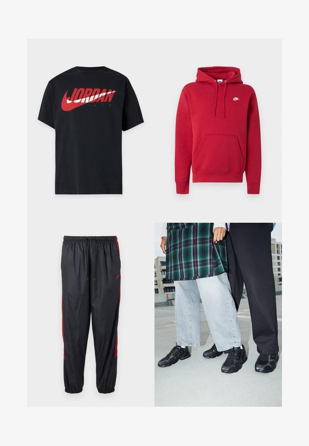 Sweat à capuche rouge Nike avec poche kangourou à l'avant, capuche réglable avec cordon et logo Nike blanc sur le côté gauche de la poitrine.; T-shirt noir à manches courtes avec un grand logo Jordan Air rouge et blanc sur la poitrine.; Pantalon de jogging noir Nike avec des bandes rouges sur les côtés, taille élastique à cordon de serrage et poignets élastiques.; Baskets de sport noires avec des accents en mesh et en caoutchouc. Portées avec un jean large gris clair et un haut à carreaux vert. Fond à surface plane.