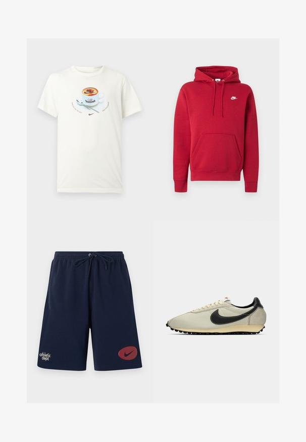 Rdeč Nike pulover s kapuco z žepom kenguru spredaj, nastavljivo kapuco na vrvico in belim Nike logotipom na levem prsnem delu.; Bela majica s potiskom kave s skodelico kave z napisom "Café Swoosh," žličko na podstavku in logotipi Nike z besedilom "Crafted for the sole" in "Nike sportswear."; Temno modre atletske kratke hlače z elastičnim pasom in vezalko, z napisom "athletic dept." na levi nogi in rdečim logotipom Nike swoosh na desni nogi.; Bež platneni športni copat z črnimi usnjeni detajli, zaobljenim nosom, ravnim črnim podplatom in belimi vezalkami. Ima izrazit črn logotip.
