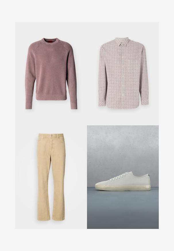 Pull en maille rose poussiéreuse avec col rond, poignets et ourlet côtelés, présentant un tissage texturé et le logo "HUGO" en relief sur la poitrine.; Chemise à manches longues, boutonnée, en rose clair avec un motif carré texturé. Tissu en coton, col classique et fermeture à boutons.; Pantalons en velours côtelé beige évasés avec une fermeture à bouton et à fermeture éclair, comportant cinq poches et des coutures visibles le long des jambes. Texture lisse.; Baskets en cuir blanc avec lacets flottant au-dessus de carreaux en bois carrés et de petits cailloux, avec un arbre et un fond gris.