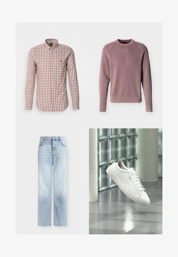 Støvet rosa striktrøje med ribret rund hals, ærmekanter og kant nederst, med tekstureret væv og præget "HUGO"-logo på brystet.; Brun og hvid ternet langærmet skjorte med knap-ned krave og broderet logo på brystet. Bomuldsstoffets tekstur.; Lyseblå, højtaljede jeans med rette ben, forlommer, bæltestropper og knaplukning.; Hvid læder lav-top sneaker med snørebånd, sort hælflig og "BOSS"-logo, svævende indendørs nær glasblok væg og poleret gulv.