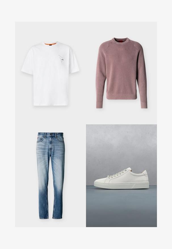 Pull en maille rose poussiéreuse avec col rond, poignets et ourlet côtelés, présentant un tissage texturé et le logo "HUGO" en relief sur la poitrine.; T-shirt en coton blanc à manches courtes, col rond, avec un petit logo noir sur la poitrine gauche et un accent orange à l'intérieur du col.; Jean bleu délavé à coupe droite avec cinq poches, fermeture par bouton et passants pour ceinture, présenté à plat sur fond blanc.; Baskets en cuir blanc avec un bout arrondi, design minimaliste, lacets gris et semelle en caoutchouc gris texturé. Détails de couture subtils visibles.