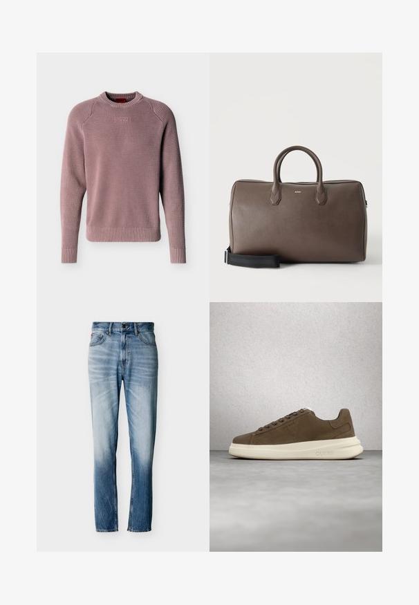 Støvet rosa striktrøje med ribret rund hals, ærmekanter og kant nederst, med tekstureret væv og præget "HUGO"-logo på brystet.; Blå falmede jeans med lige ben, fem lommer, knaplukning og bæltestropper, vist fladt på hvid baggrund.; Brune ruskinds sneakers med en cremet gummisål, flade snørebånd og et logo på siden. Letvægtsdesign og glat tekstur.; Brun læder duffel taske med to håndtag, en sort justerbar skulderrem og et lille "BOSS" logo på fronten i midten.