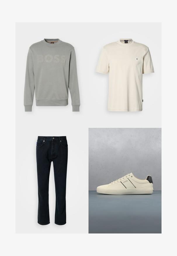 Sweatshirt gris clair à manches longues avec col rond, poignets et ourlet côtelés, logo "BOSS" en relief sur la poitrine, et petite étiquette au niveau du cou.; T-shirt à manches courtes et col rond en coton beige clair. Présente un petit logo rond sur la poitrine et un ourlet droit.; HUGO JONAH - Jean droit - dark blue; Baskets de couleur crème avec une texture lisse, dotées d'accents et de marquage noirs. Design classique à lacets avec un bout rond et une semelle en caoutchouc.